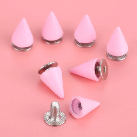 Pink 7X10MM Cone Punk Screw Back Spikes And Premium Heavy Metal Studs To Upgrade Badass Fashion Apparel Embellishments Gonna Slay Leather Crafts And Dope Diy Projects Today.