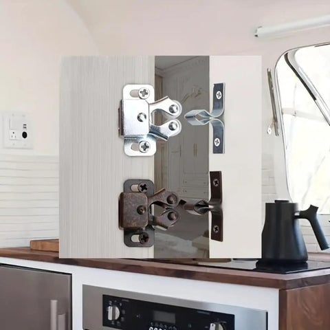 Four Piece Cabinet Door Catches Featuring Bulletproof Magnetic Dampers And Adjustable Metal Mounts for kitchens, showcasing zinc catches on cabinetry.