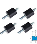 Heavy Duty Rubber Vibration Isolators And Shock Absorbing Mounts With Double Male Thread For Air Compressors Water Pumps And Welding Machines To Keep Your Setup Tight And Kill All That Rattling Nonsense Four Pack M6 M8 Included - four black rubber mounts with threaded rods.