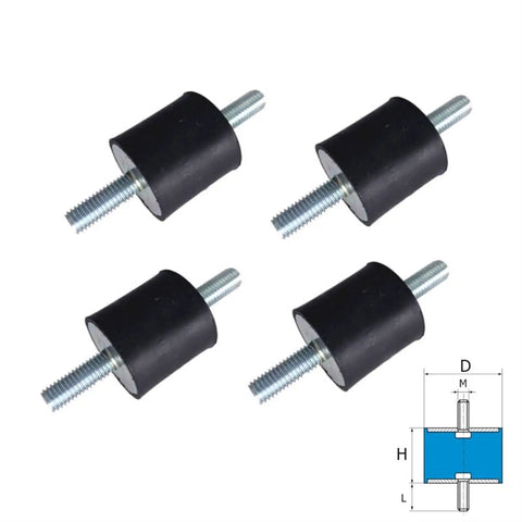 Heavy Duty Rubber Vibration Isolators And Shock Absorbing Mounts With Double Male Thread For Air Compressors Water Pumps And Welding Machines To Keep Your Setup Tight And Kill All That Rattling Nonsense Four Pack M6 M8 Included - four black rubber mounts with threaded rods.