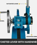 Heavy Duty Ratchet Arbor Press With 3 Ton Capacity And Solid Cast Iron Design showing ratcheted lever, handwheel, and adjusting screw.