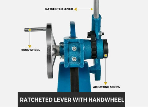 Heavy Duty Ratchet Arbor Press With 3 Ton Capacity And Solid Cast Iron Design showing ratcheted lever, handwheel, and adjusting screw.
