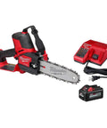 M18 FUEL 8 Inch Pruning Saw Kit With POWERSTATE Brushless Motor, shown with charger and 6Ah battery, low vibration full house chain