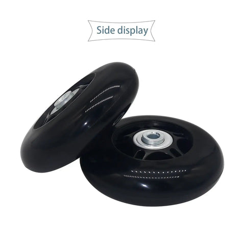 Side view of Quiet 3.15 Inch Luggage Wheel Replacement Kit with 80mm inline skate style wheels, durable rubber, 0.94 inch width.