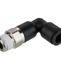 Hella Tough Composite Push To Connect Npt Fitting With Extended Ninety Degree Elbow For Tube To Pipe Rig In Three Eighth And One Fourth Sizes No Drama Setup Locking Steel Grab Ring Zero Leak Design Premium Nylon Build Pack Of Twenty, showcasing a 90-degree elbow fitting.
