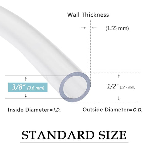 Cross-section of Clear 3/8 Inch ID 100 Ft Vinyl Tubing For Low Pressure, showing inner and outer diameters and wall thickness.