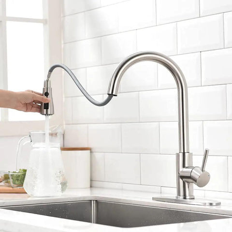 Brushed Nickel Kitchen Faucet With Pull Down Sprayer And 18 Inch Hose One Hole Deck Mount Single Lever Handle Stainless Steel Build