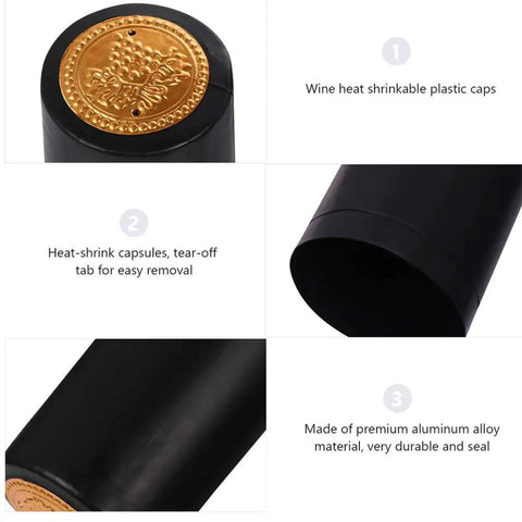 Solid As A Rock Heat Shrink Wine Caps, 150 Pack Black Bottle Sleeves, heat-shrink capsules with easy tear-off tab