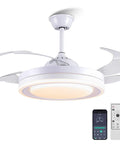 Modern 42-Inch Retractable Ceiling Fan With LED Lights And App Control, dimmable, quiet DC motor, phone and remote control visible