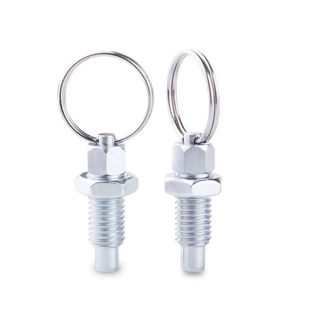 Heavy Duty M6 Stainless Steel Spring Plungers With Pull Ring 4 Pack showing two spring plungers with pull rings.
