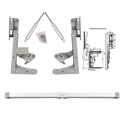 Cabinet Door Lift Assist Strut With Dual 250N Hydraulic Gas Springs, metal brackets, and assembly dimensions diagram