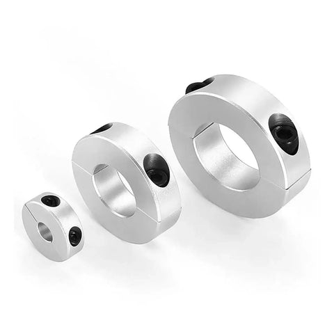 Premium Aluminum Alloy Split Shaft Collar Fixed Locking Limit Ring With Tightening Screws For Industrial Use Acts Great As Spacer Or Positioning Device 8 Millimeter Bore Size Slick Anodized Finish High Strength Metal Clamp For Your Rig, shown in three sizes