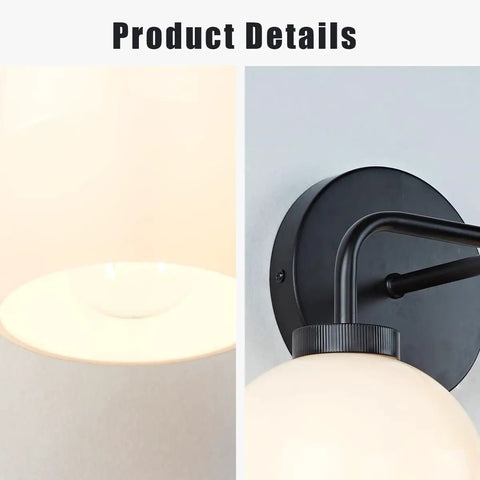 Close-up of Double Glass Globe Wall Sconce, 17 Inch Sleek Modern Design In Matte Black, showing milk glass shade and black steel frame.