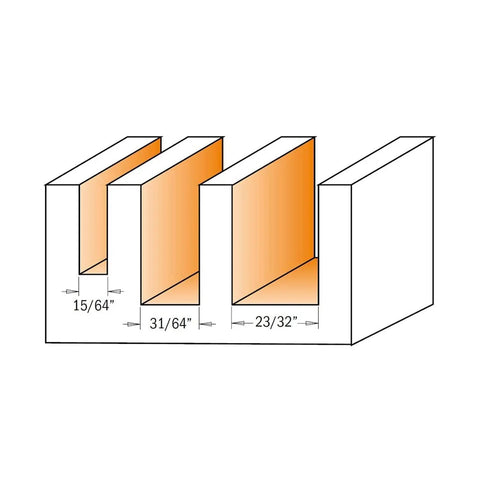 Diagram showing three groove sizes of Three Piece Plywood Groove Router Bit Set With Carrying Case One Quarter Inch Shank Pro Grade Steel.