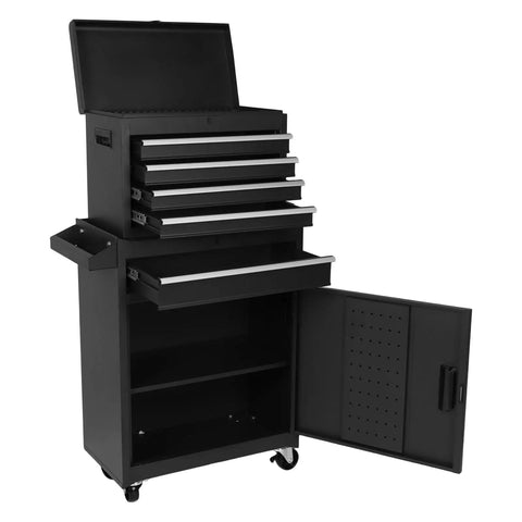 No Bull Heavy Duty Tool Organizer Chest With Boss Level Five Drawer Capacity; black steel chest with modular design and detachable top bin.