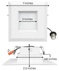 AH Lighting 6 Inch Square 5CCT Recessed Retrofit Downlight Dimmable with Baffle Trim dimensions showcasing 7x7 inch size.