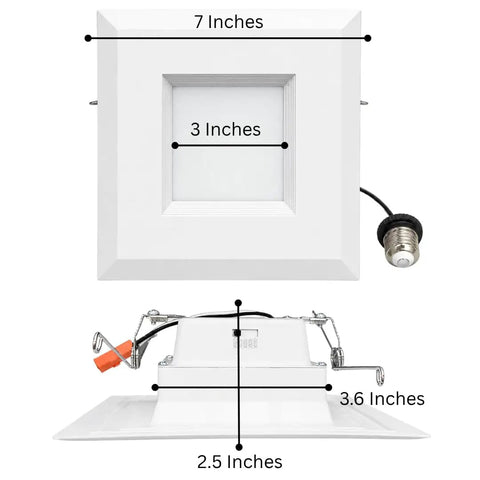 AH Lighting 6 Inch Square 5CCT Recessed Retrofit Downlight Dimmable with Baffle Trim dimensions showcasing 7x7 inch size.