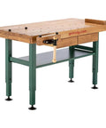Heavy Duty Solid Oak Workbench With Bulletproof Steel Legs And Dual Vise Setup Featuring smooth riding storage drawers, side view.