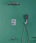 Top Shelf Thermostatic Shower System With Durable Rainfall Head And Sturdy Handheld Sprayer Wall Mounted Bathtub Faucet Set Featuring No Sweat Anti Scald Valve And Easy 180 Degree Swivel In Sleek Brushed Gold.