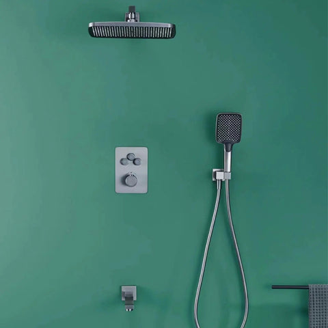 Top Shelf Thermostatic Shower System With Durable Rainfall Head And Sturdy Handheld Sprayer Wall Mounted Bathtub Faucet Set Featuring No Sweat Anti Scald Valve And Easy 180 Degree Swivel In Sleek Brushed Gold.
