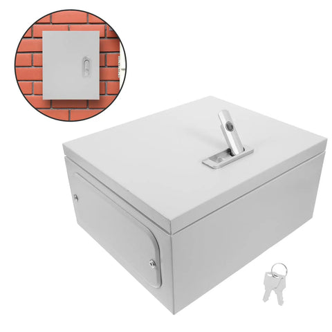 Outdoor Heavy Duty Waterproof Electrical Junction Box With Lockable Panel Enclosure for RV and Home Use, keys shown, mounted view