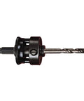 Heavy Duty Quick Hitch Hole Saw Arbor With 5/8-18 Screw Thread And 11/32 Inch Shank, featuring a sharp carbide drill bit.