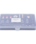 All In One 17Pcs TIG Torch Consumables Kit With Glass Nozzles Gun Tails Tungsten Clamps in clear plastic storage case