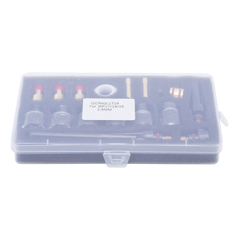 All In One 17Pcs TIG Torch Consumables Kit With Glass Nozzles Gun Tails Tungsten Clamps in clear plastic storage case