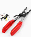Premium One-Handed Car Wire Welding Clamp 240mm Adjustable Ratchet Tool for Precision Soldering And Tight Joints Without A Tremor with red handles.