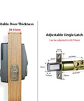 Detailed view of the Slick Wifi Smart Door Lock showing door thickness compatibility and adjustable single latch dimensions.