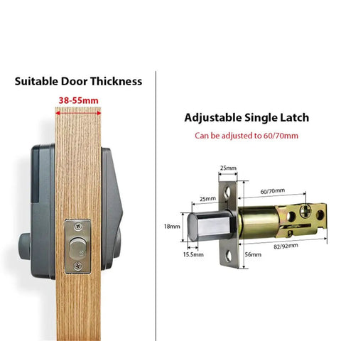 Detailed view of the Slick Wifi Smart Door Lock showing door thickness compatibility and adjustable single latch dimensions.