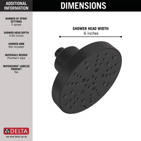 5 Spray Matte Black Shower Head With H2Okinetic Technology, Rain Can Round Shower Head, Water Saving 1.75 GPM, Touch-Clean Nozzles For Easy Cleaning, Spa Worthy Rain Experience For Any Bathroom