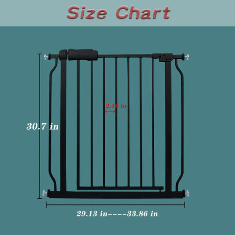 Size chart of narrow baby gate for tight doorways and small spaces indoor safety gate with no fuss auto close and walk through design sturdy metal pet gate for home use adjustable 29 to 34 inches black fits stairs and door openings