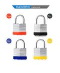 Keyed Alike Laminated Steel Padlocks With Standard Shackle For Hasps, Sheds, Fences, Storage Lockers, Schools, Gyms, And More, Heavy Duty Beefy Indoor Outdoor Locks Built To Last, 6 Pack in four colors, orange, black, blue, yellow displayed.