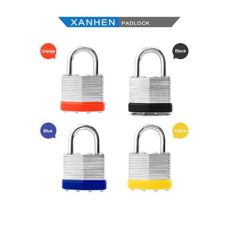 Keyed Alike Laminated Steel Padlocks With Standard Shackle For Hasps, Sheds, Fences, Storage Lockers, Schools, Gyms, And More, Heavy Duty Beefy Indoor Outdoor Locks Built To Last, 6 Pack in four colors, orange, black, blue, yellow displayed.