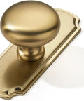 Two Pack Brushed Brass Cabinet Knobs With Satin Gold Vintage Backplate For Kitchen Drawers Bathroom Vanities And Bedroom Furniture, close-up view.