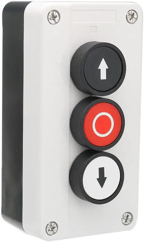 3 Button Industrial Control Station with up and down arrows center stop button built tough white and black housing