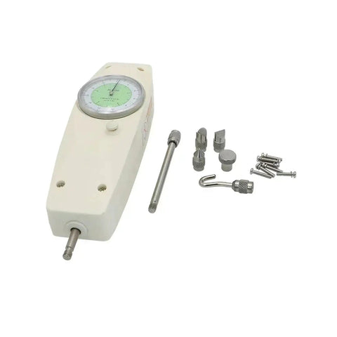 Analog Push Pull Force Gauge, Tension Meter With Peak Hold, Dual Newton Kilogram Display, Pro Grade Tension Tester For Precise Load Testing And Low Error Readings (100N), white housing with attachments