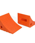 Heavy Duty Rubber Wheel Chocks for Trailers, No Slip Curved Design, 30,000 Lb Capacity shown with non-slip pattern, bright orange.