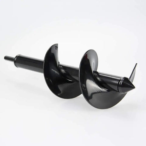 Close-up of Heavy Duty Garden Auger Drill Bit 4 Inch By 12 Inch Spiral Bulb Planter Tool showing solid steel spiral design