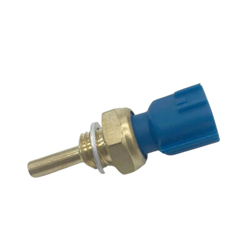 Side view of engine coolant temperature sensor with brass probe and blue plastic connector