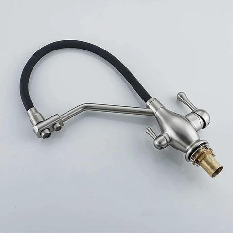 AOXHUGB Faucet 3-Way Tap with Pull-Out Spray Black Silicone Hose Chrome Finish Ideal for Under Sink Water Filter Systems - Versatile Kitchen Mixer Faucet (Brushed Nickel A) showing sleek design with durable black hose.