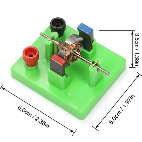 DC Electrical Motor Assembly Kit for STEM Learning Hands On Kids Lab Toy Green Educational Physics Experiments Motor Build Project for Home Classroom Kid Friendly Science Kit on green base with dimensions shown