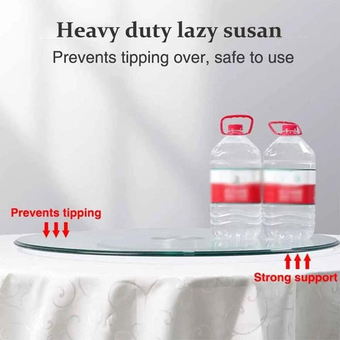Large Lazy Susan Turntable For Dining Table With Clear Tempered Glass, 360 Degree Rotating Tray demonstrating stability with bottles