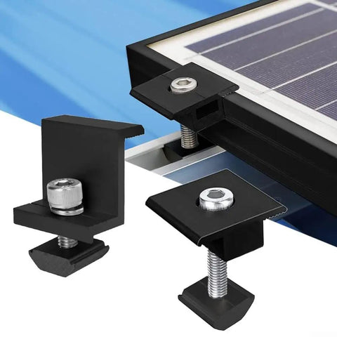 Built Like A Tank Black Aluminum Solar Module Mounting Kit With Center End Clamps And Premium Stainless Steel Screws for 30Mm 35Mm 40Mm Panels, close-up view of clamps.