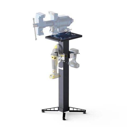 Dead Nuts Floor Mount Vise And Grinder Stand 34 Inches Tall Heavy Carbon Steel shop base with tools mounted for clamping and grinding.