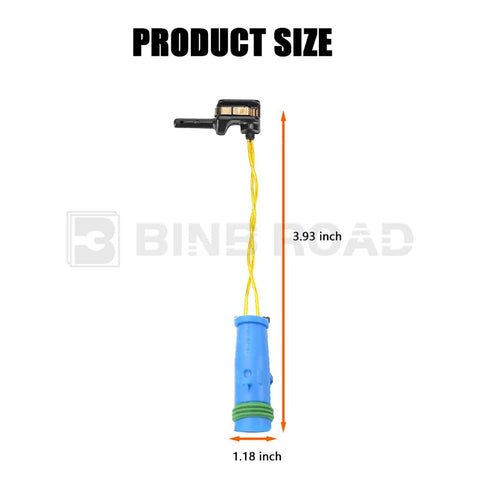 Brake pad wear sensor with blue plastic body and yellow wires, 3.93 in long for Mercedes-Benz models