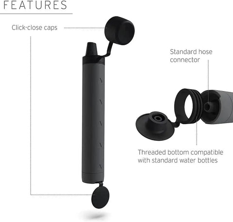 Peak Series Personal Water Filter Straw with click-close caps, hose connector, BPA free, Dark Mountain Gray, for outdoors.