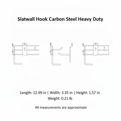 Tool Free Slatwall Hook For Quick Display Setup Heavy Duty Carbon Steel Storage Organizer dimensions and design illustration