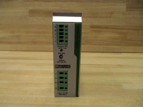 Three Phase 24 Volt DC 5 Amp DIN Rail Mounted Power Supply Enclosed Primary Switched Trio Power For Industrial Automation, Conveyor Belt And Wash System Controls, front view